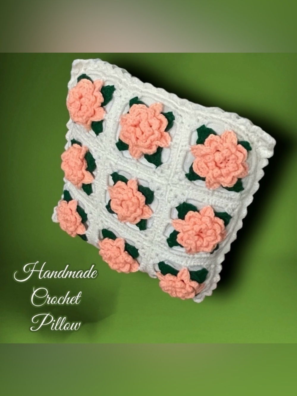 Handcrafted Crocheted White with Peach Roses Throw Pillow